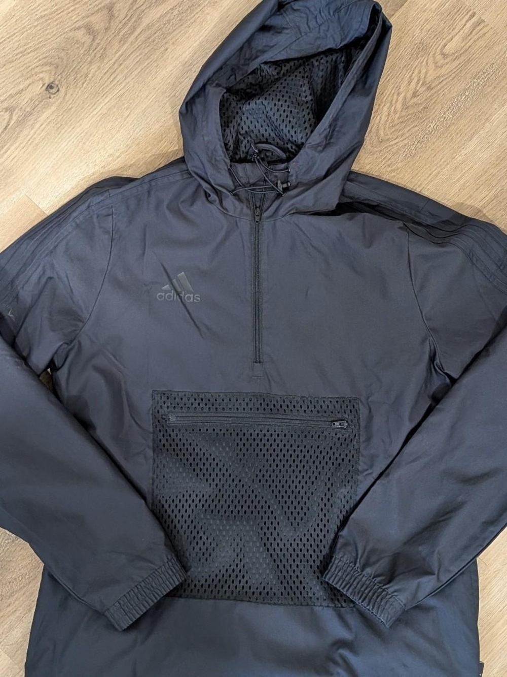 adidas Black Hooded Windbreaker Anorak with Mesh Front Pocket
